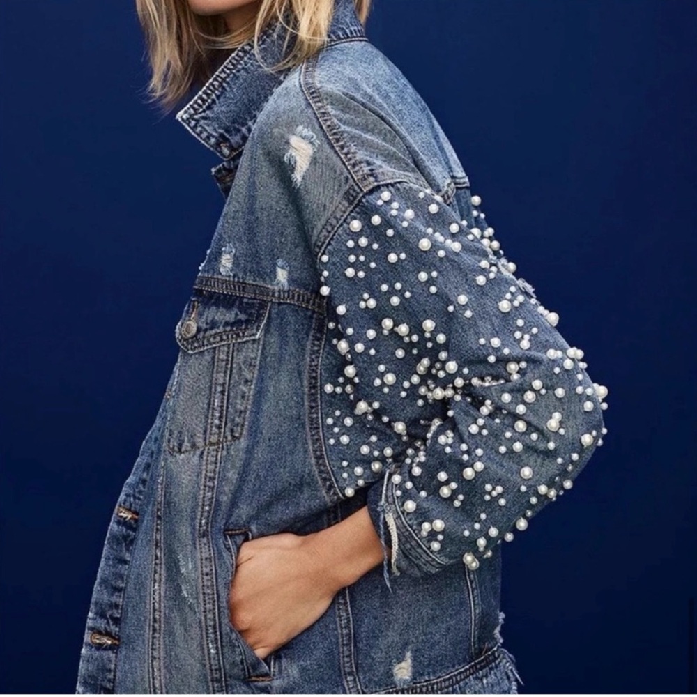 Sunset + Spring XS Pearl Embellished Oversized Denim Jacket